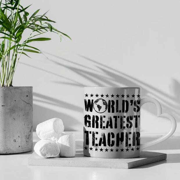 World's Greatest Teacher Mug with Heart Handle - Vintage Mug - Best Teacher Ceramic Mug