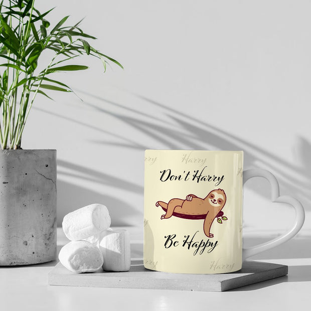 Don’t Hurry Be Happy Sloth Mug with Heart Handle - Animal Print Mug - Printed Ceramic Mug