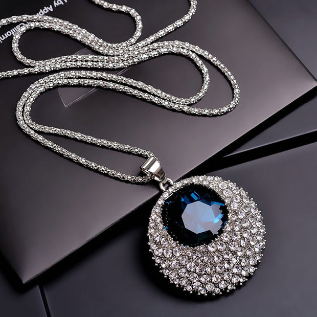 Vintage Blue Crystal Long Necklace Women Bijoux Fashion Jewelry Necklaces & Pendants Classic Gift Ethnic Style