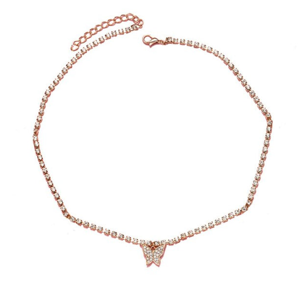 YWZIXLN Boho Charm Bling Pink Crystal Butterfly Pendant Fashion Choker Necklaces Bijoux For Women Elegant Choker Jewelry N0103