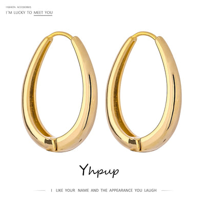 Yhpup Charm Metal Oval Geometric Texture Hoop Earrings Gold Plated Statement Earrings Party Gift Jewelry Bijoux Femme 2021