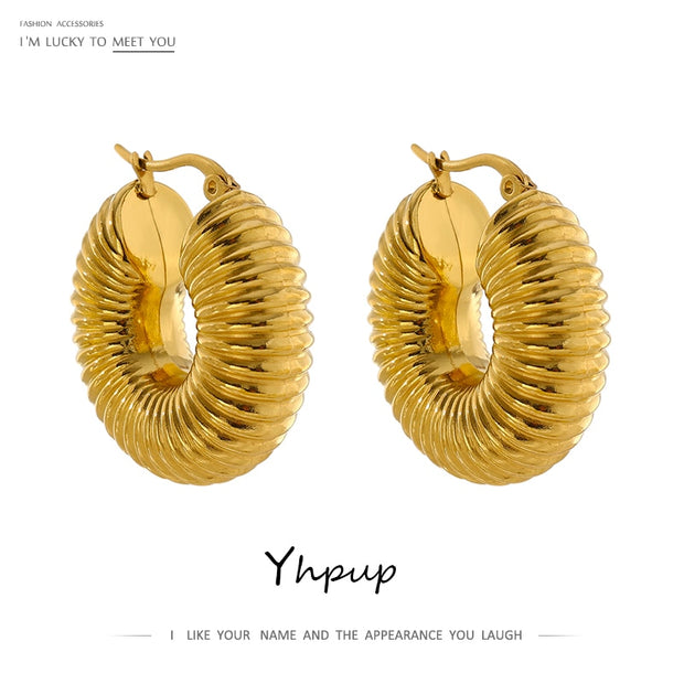 Yhpup Trendy Round Chunky Hoop Earrings Gold Color Stainless Steel Bijoux Ete 2021 Jewlery New Metal 18 K Earrings Accessories