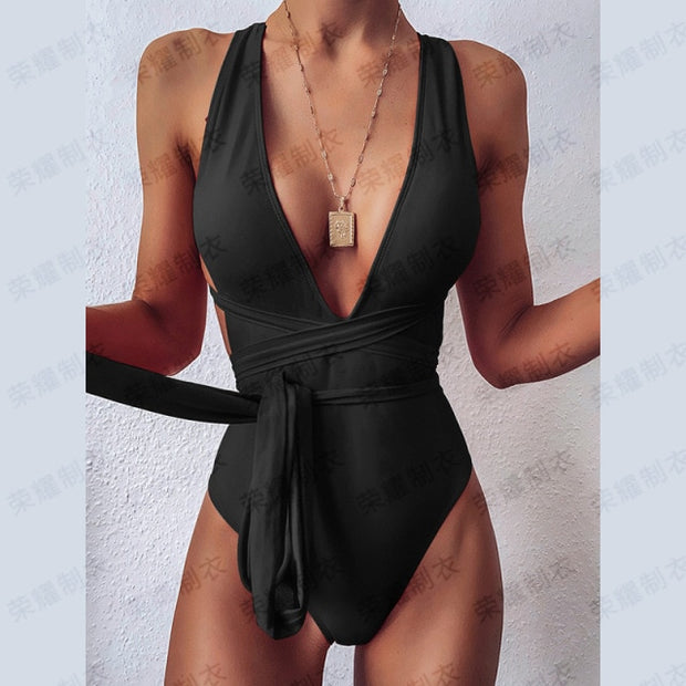 Women Lace Up Bandage Bodysuit Swimwear