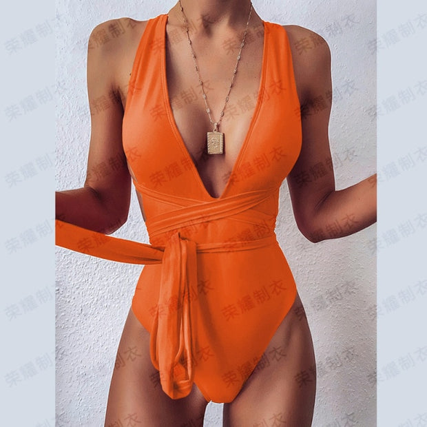 Women Lace Up Bandage Bodysuit Swimwear