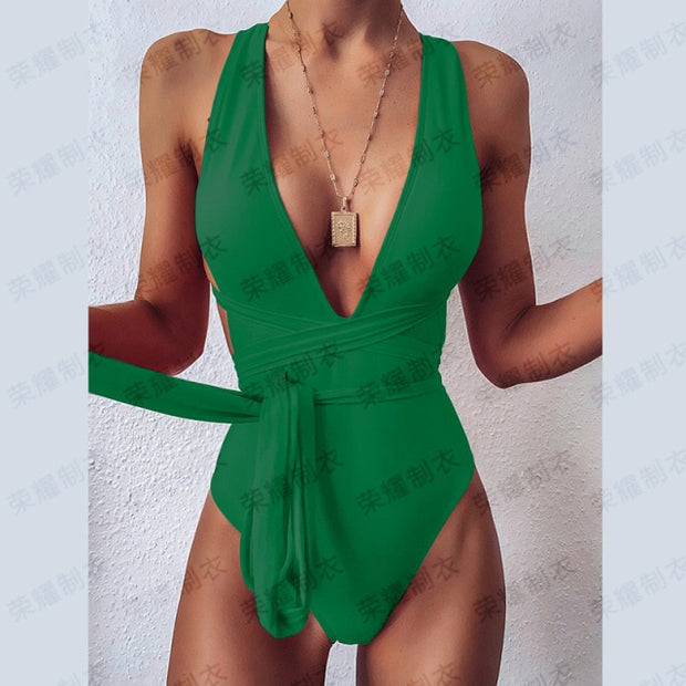 Women Lace Up Bandage Bodysuit Swimwear