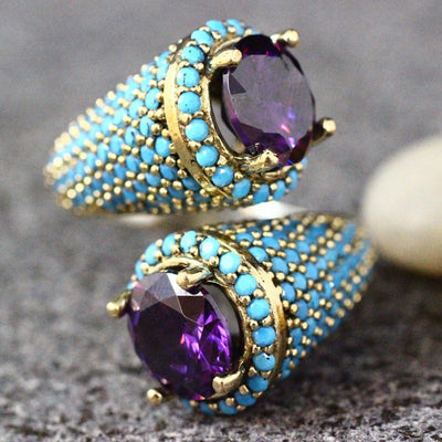 Vintage Gold Color Turquoises Beaded Opening Ring For Women Girls Punk Gothic Party Retro Purple Zircon Jewelry Gift G4M853